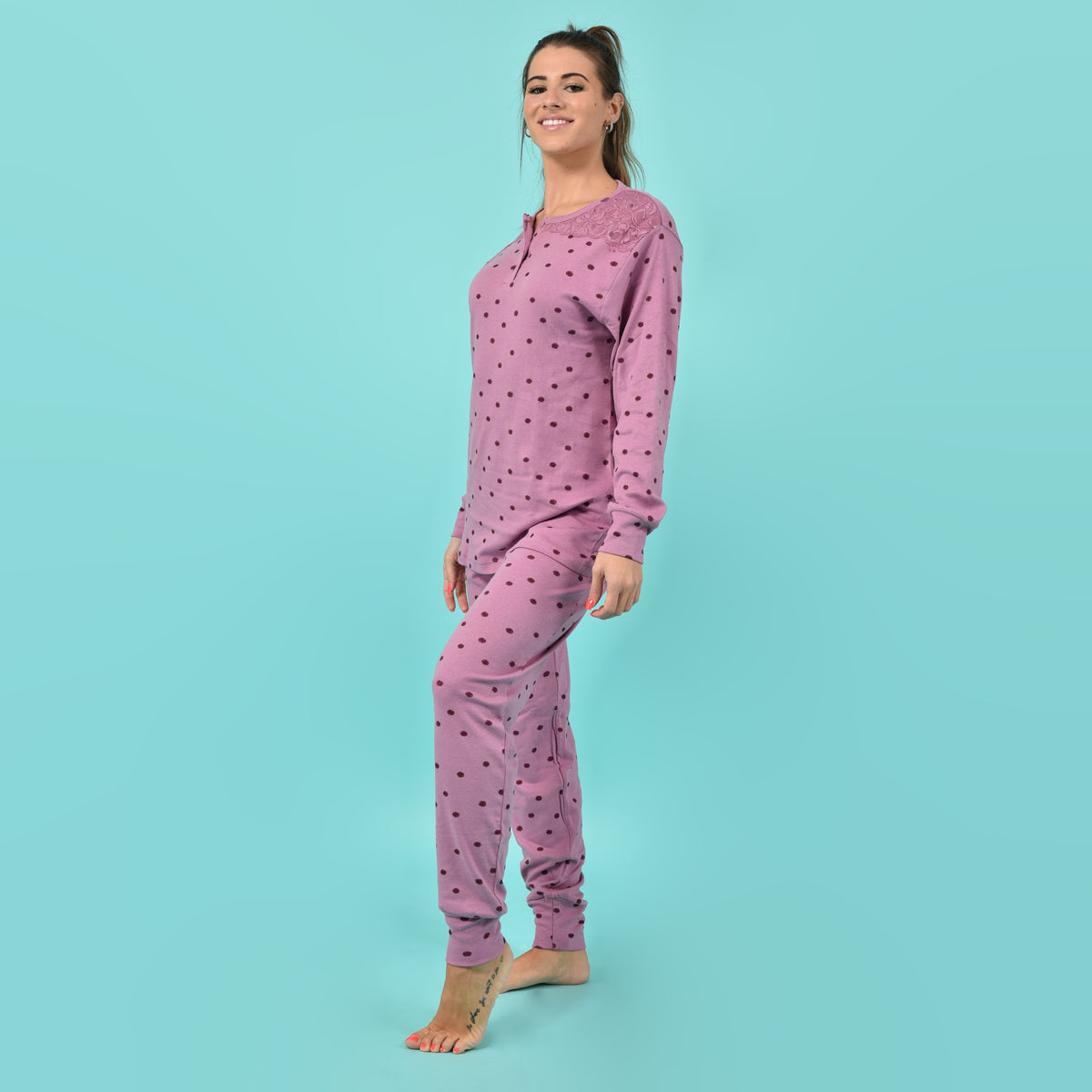 Pigiama donna invernale Karelpiù SE3400 caldo cotone pois pizzo malva