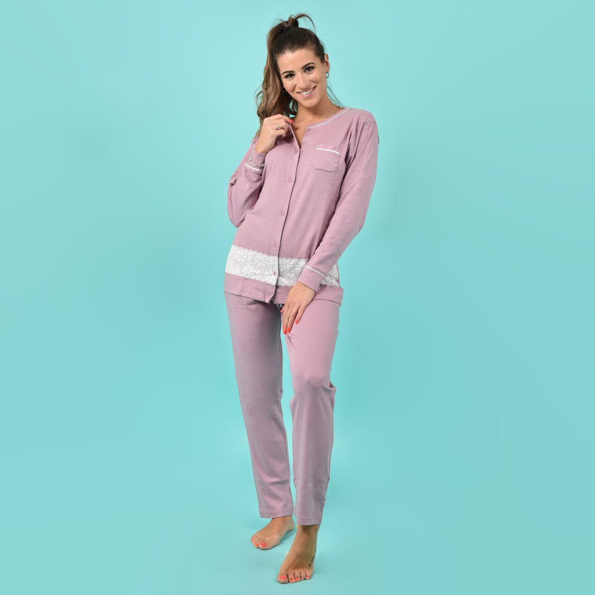 Pigiama donna invernale Karelpiù SE3414 caldo cotone malva