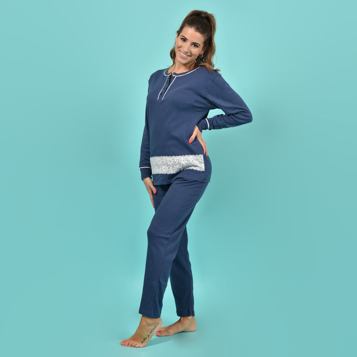 Pigiama donna invernale Karelpiù SE3414 caldo cotone blu