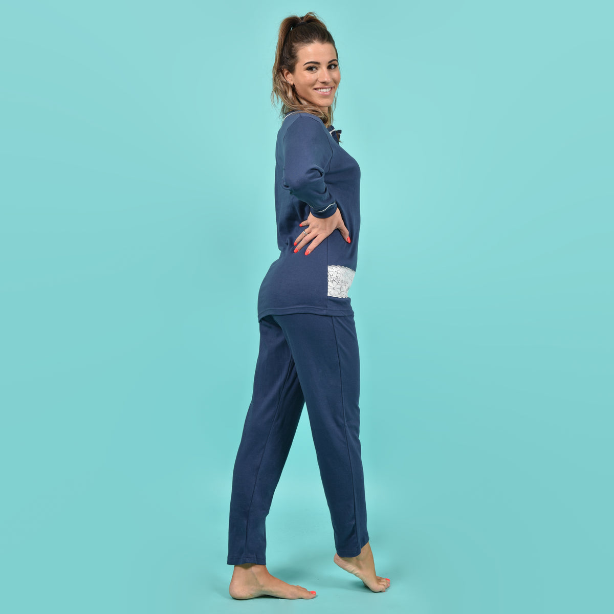 Pigiama donna invernale Karelpiù SE3414 caldo cotone blu