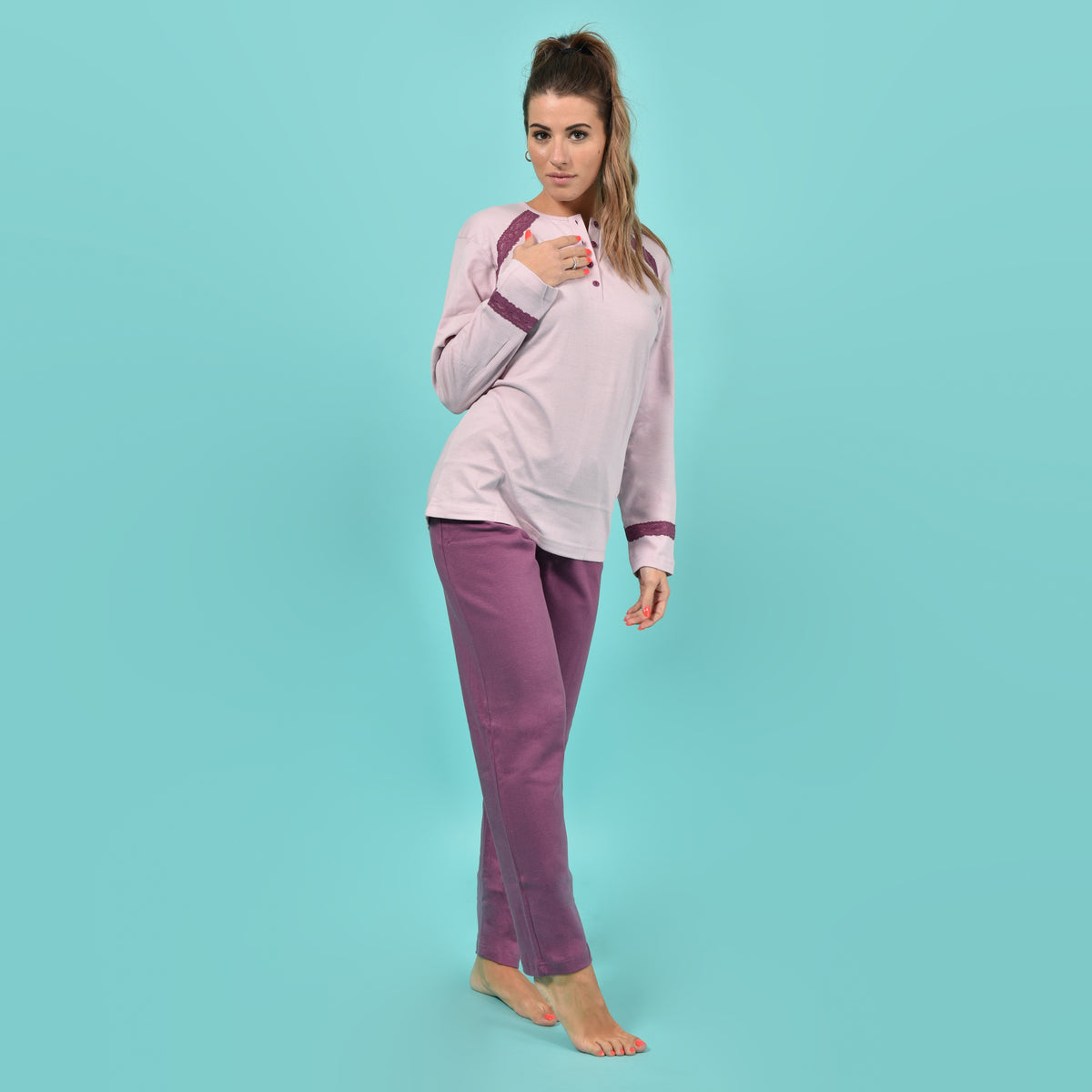 Pigiama donna invernale Karelpiù SE3410 caldo cotone rosa prugna