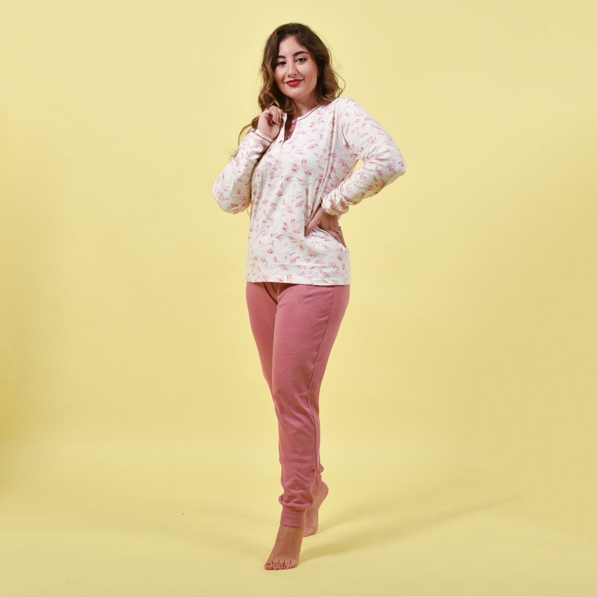 Pigiama donna caldo cotone rosa fiori Cippi 2267
