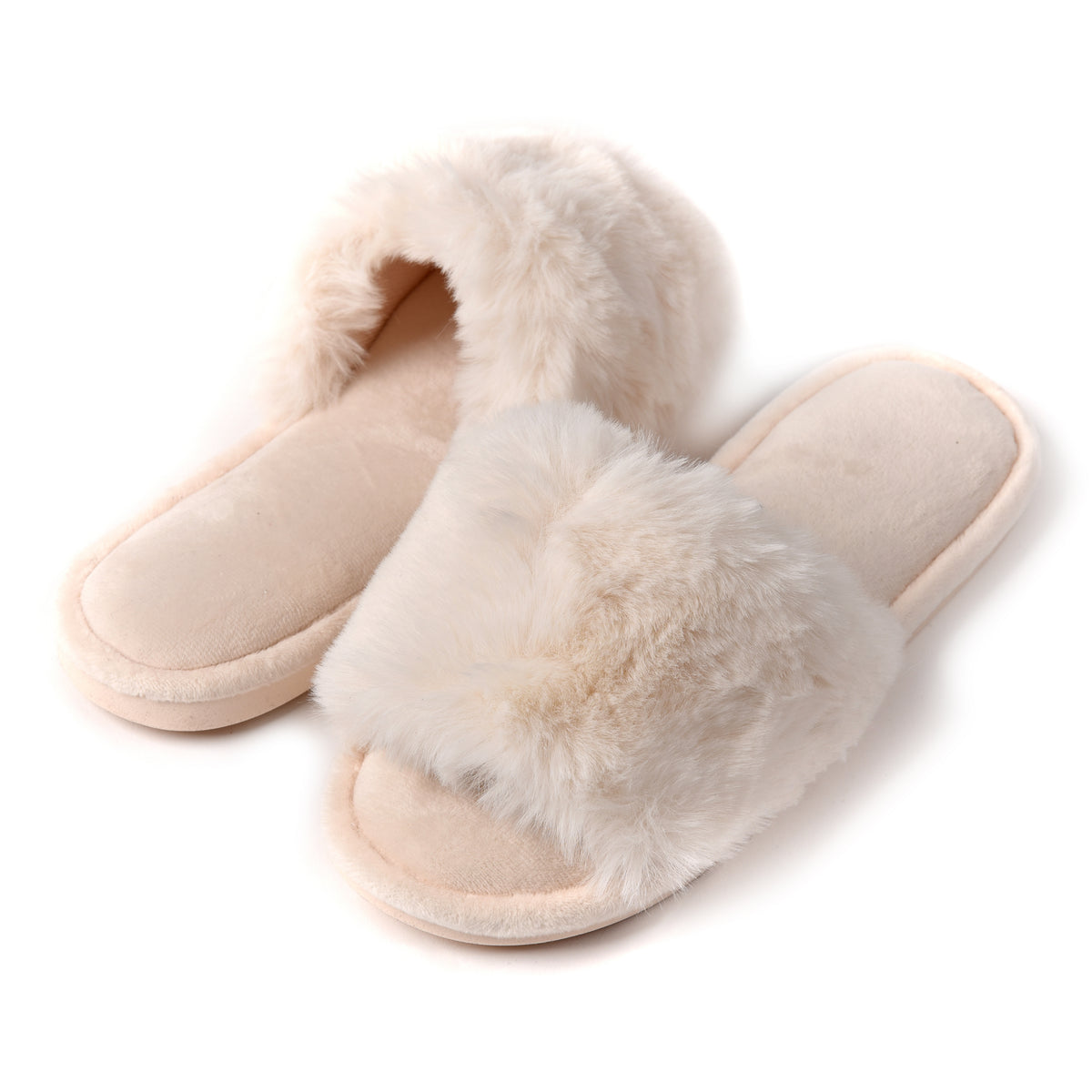Pantofole donna fascia di ecopelliccia panna aperte invernali Preziosa 0006