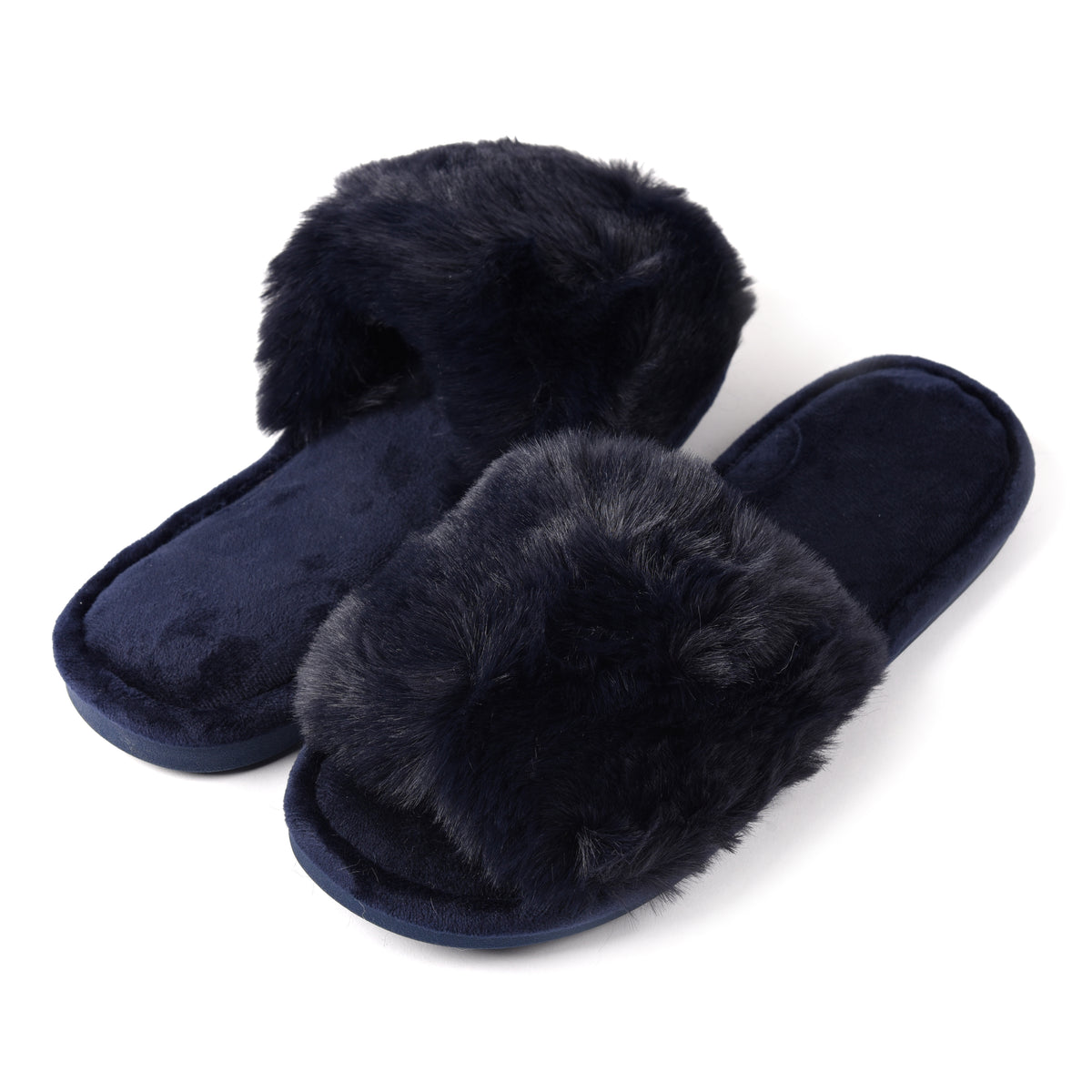 Pantofole donna fascia di ecopelliccia blu aperte invernali Preziosa 0006