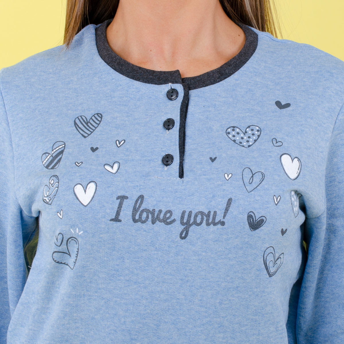 Pigiama donna Ambro cotone felpato I love you D6513.22 celeste