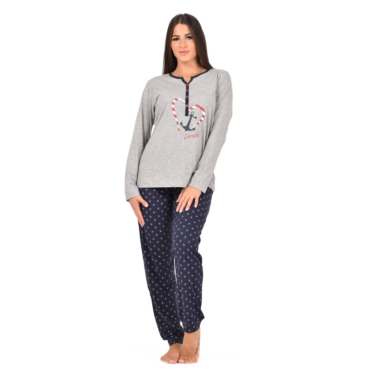 Pigiama donna Lovable L0CPT cotone ancora cuori grigio melange blu