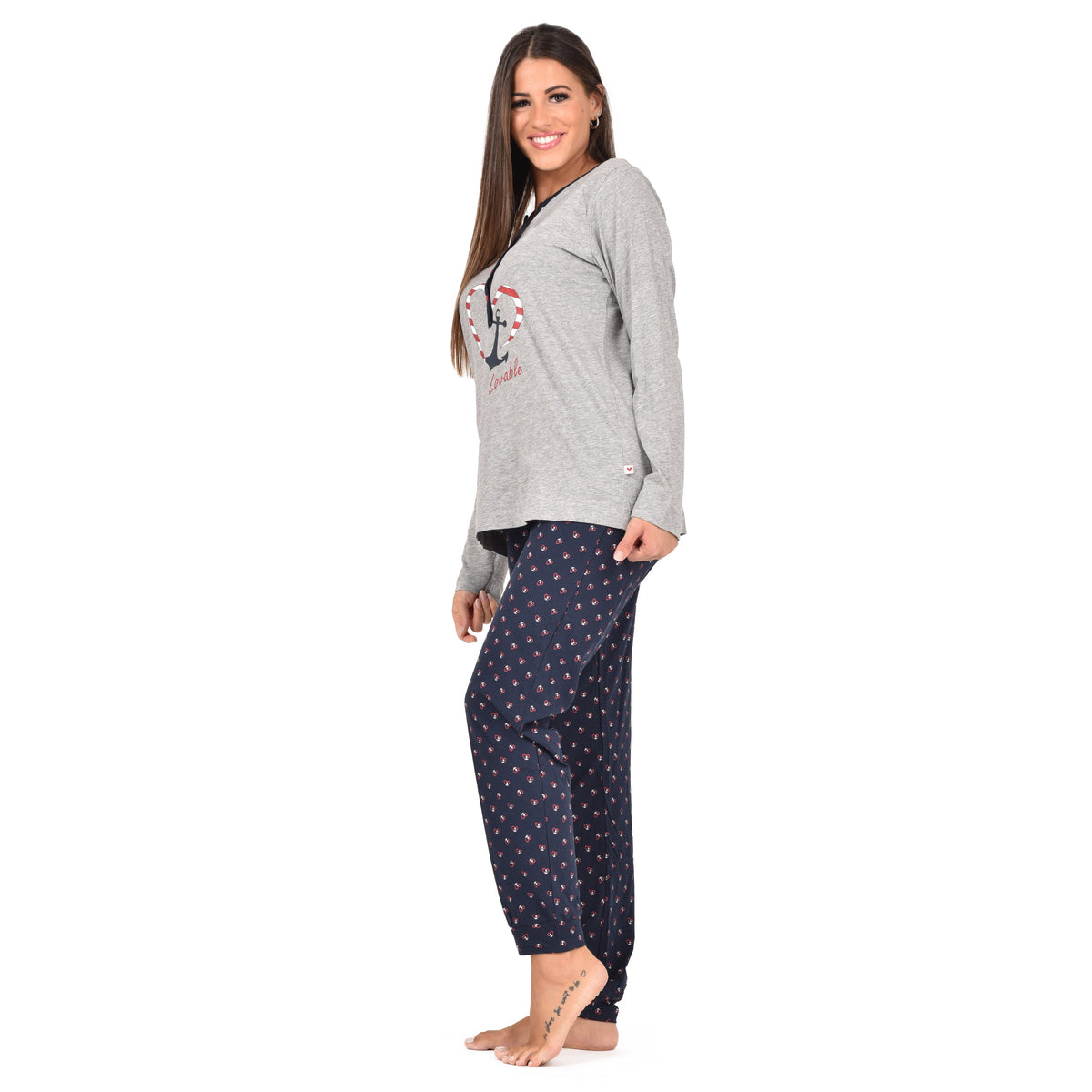 Pigiama donna Lovable L0CPT cotone ancora cuori grigio melange blu