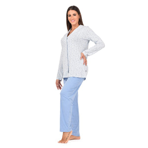 Pigiama donna Lovable L0CPS aperto 100% cotone fiori celeste