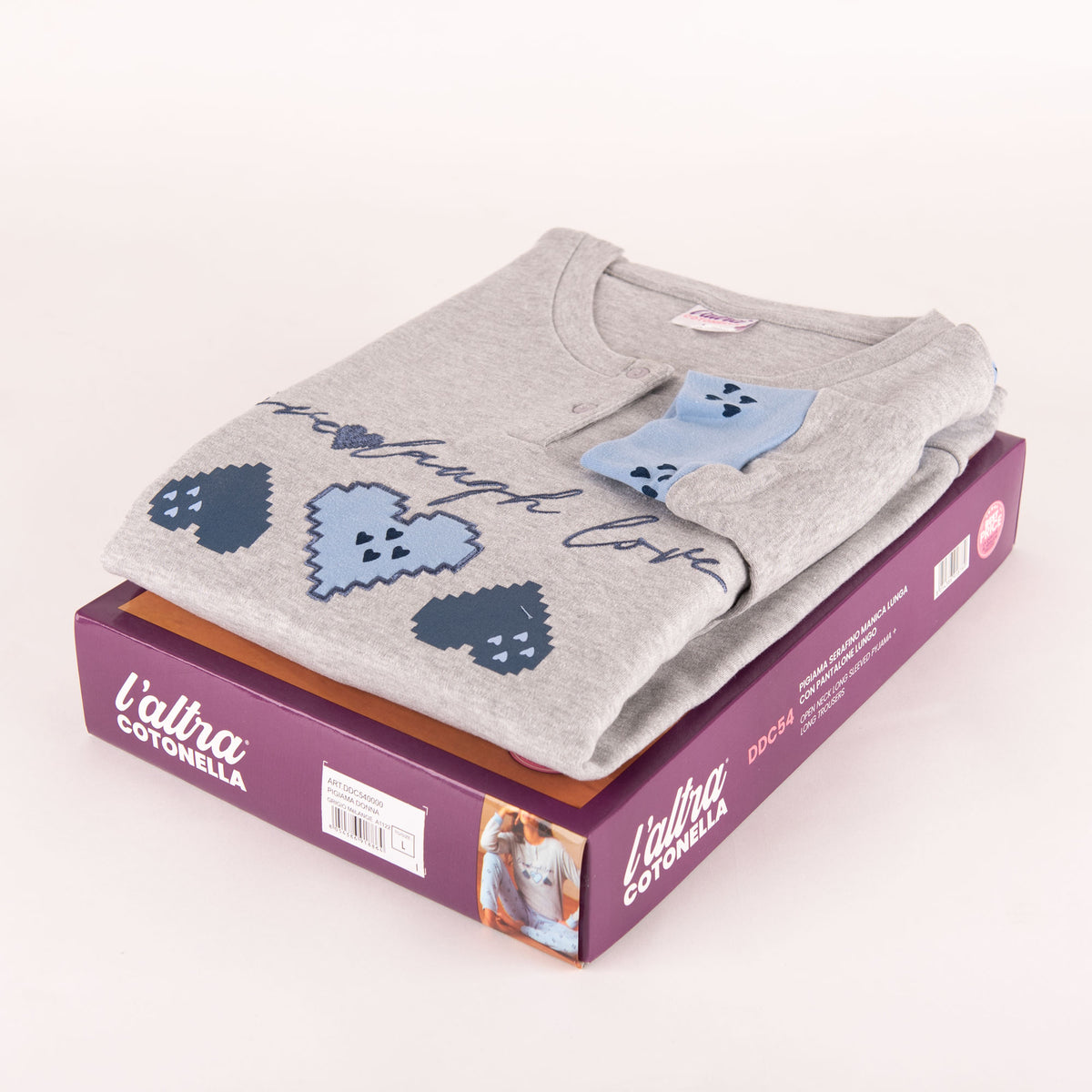 Pigiama donna interlock cuore Cotonella DDC54 grigio celeste
