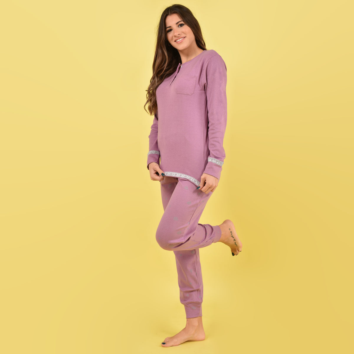 Pigiama donna caldo cotone malva Karelpiù SE3408