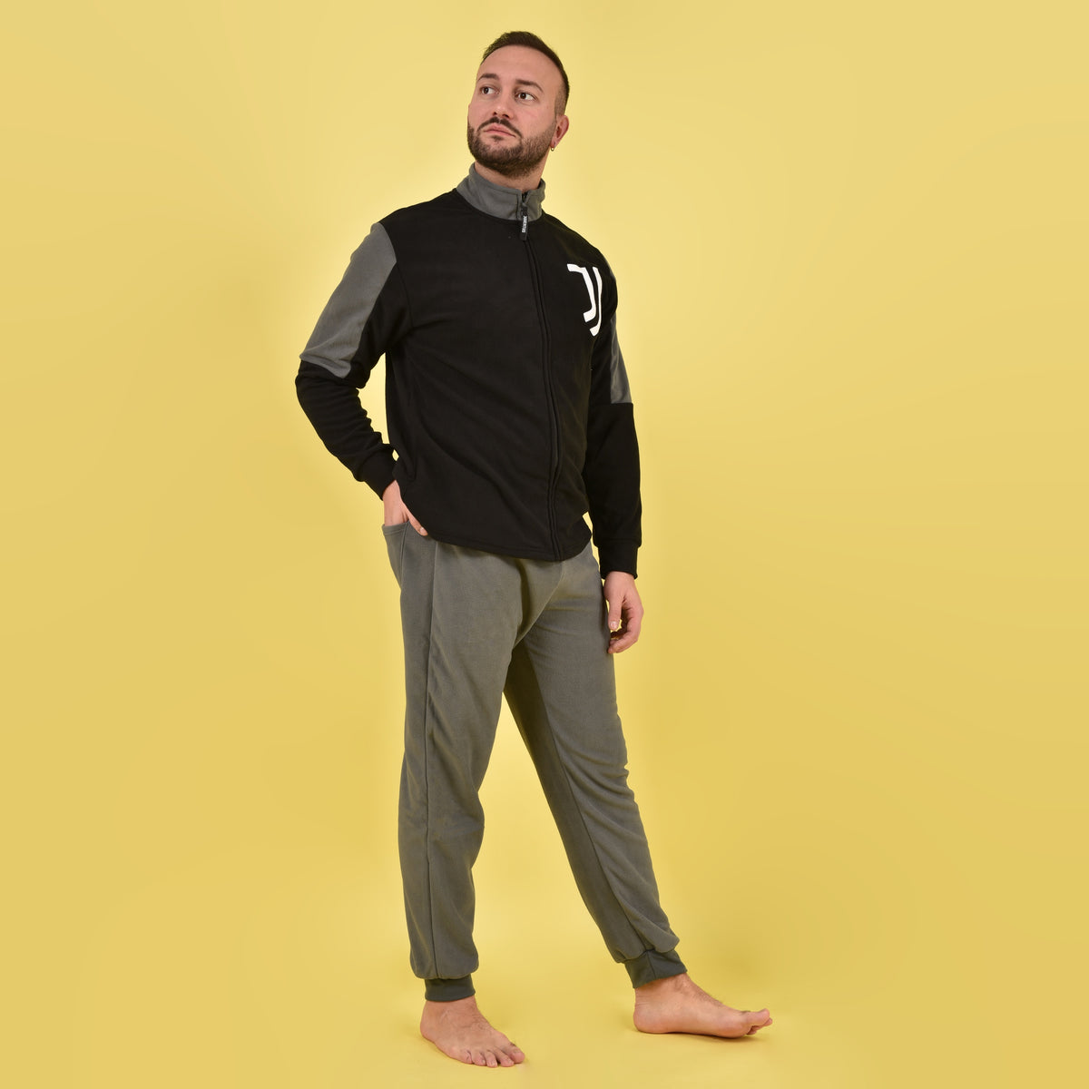 Pigiama stile tuta uomo Juventus FC 1055 caldo pile nero antracite aperto