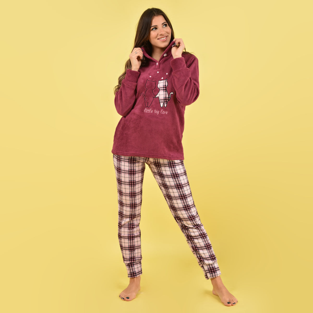 Pigiama donna invernale coral gattini fantasia quadretti rosa orchidea Karelpiù SE3478