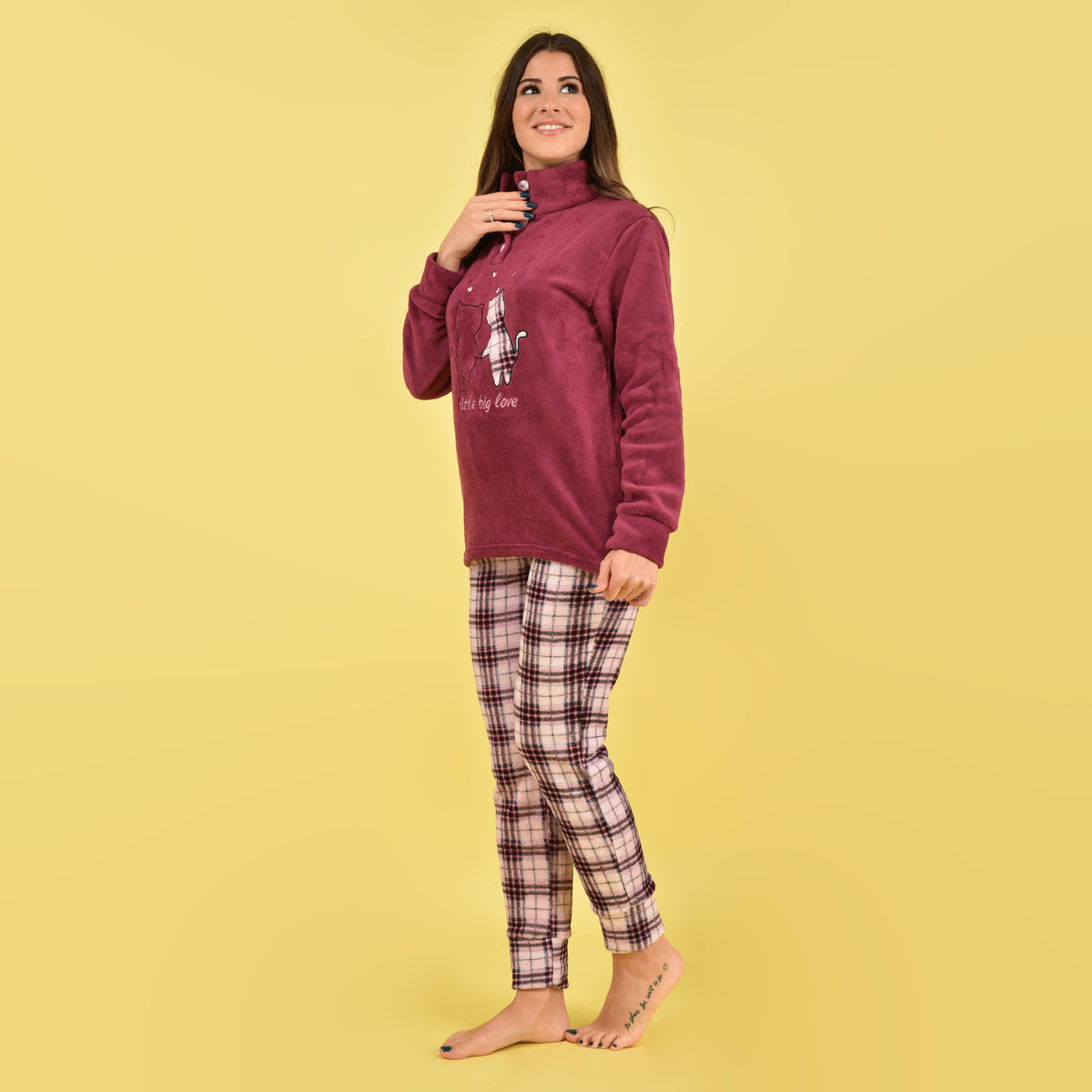 Pigiama donna invernale coral gattini fantasia quadretti rosa orchidea Karelpiù SE3478