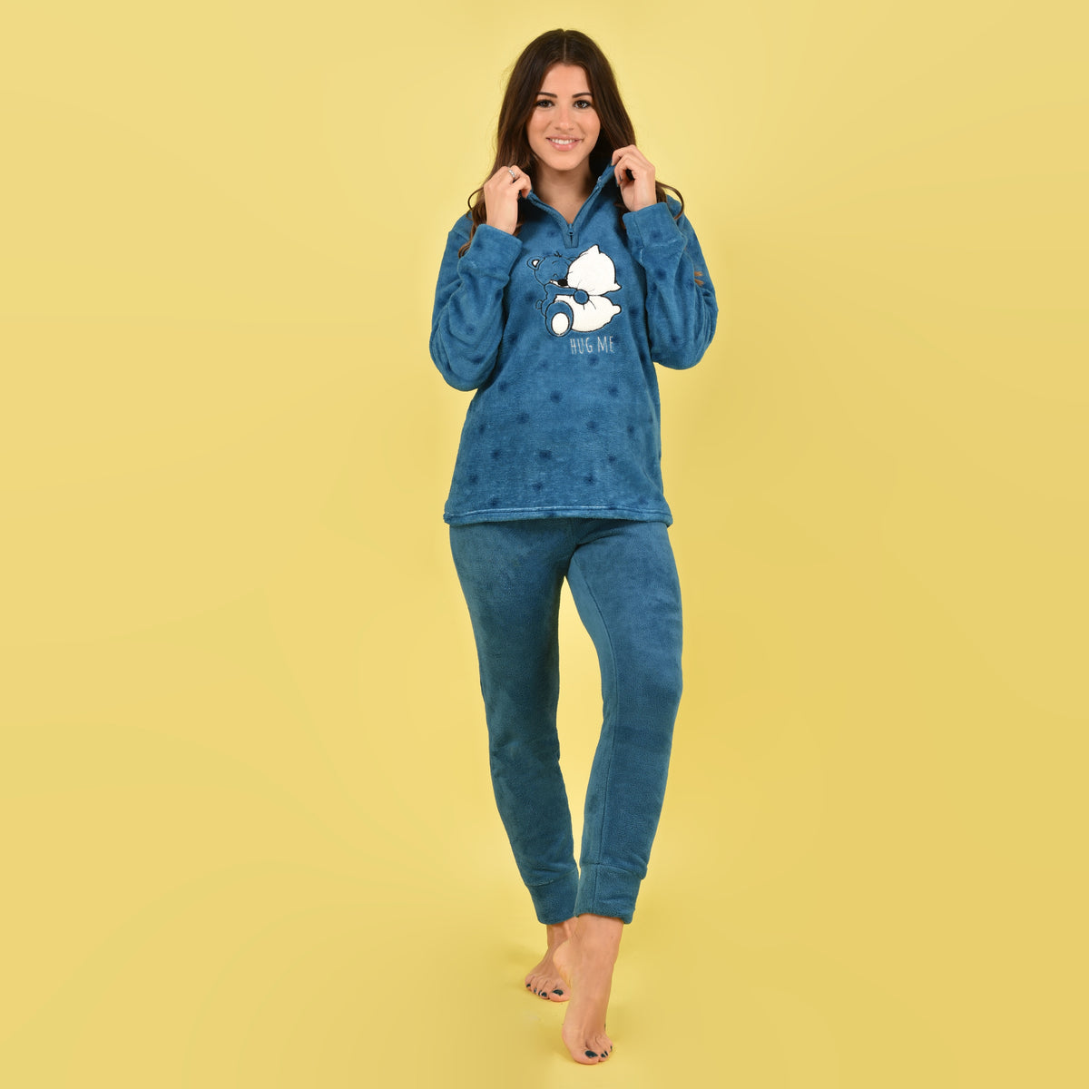 Pigiama donna invernale coral orsacchiotto fantasia quadretti azzurro Karelpiù SE3476 