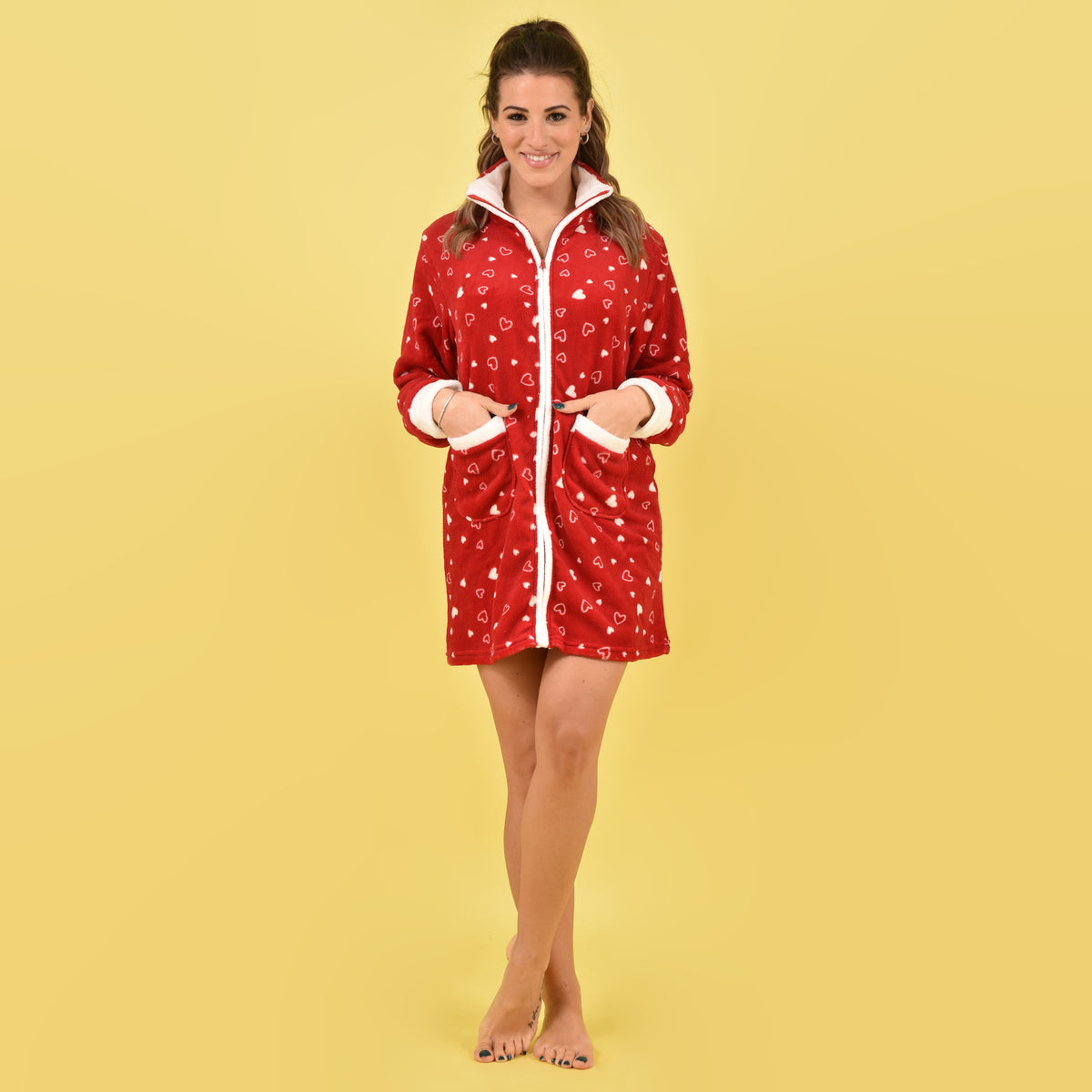 Vestaglia donna giacca con zip cuori rosso bianco Karel se3471