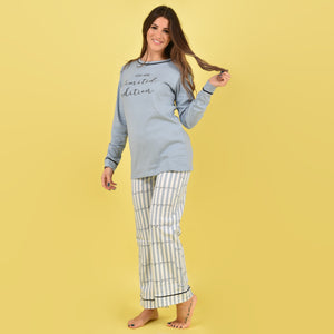 Pigiama Love and bra maglia celeste pantalone gessato a palazzo 52699 celeste