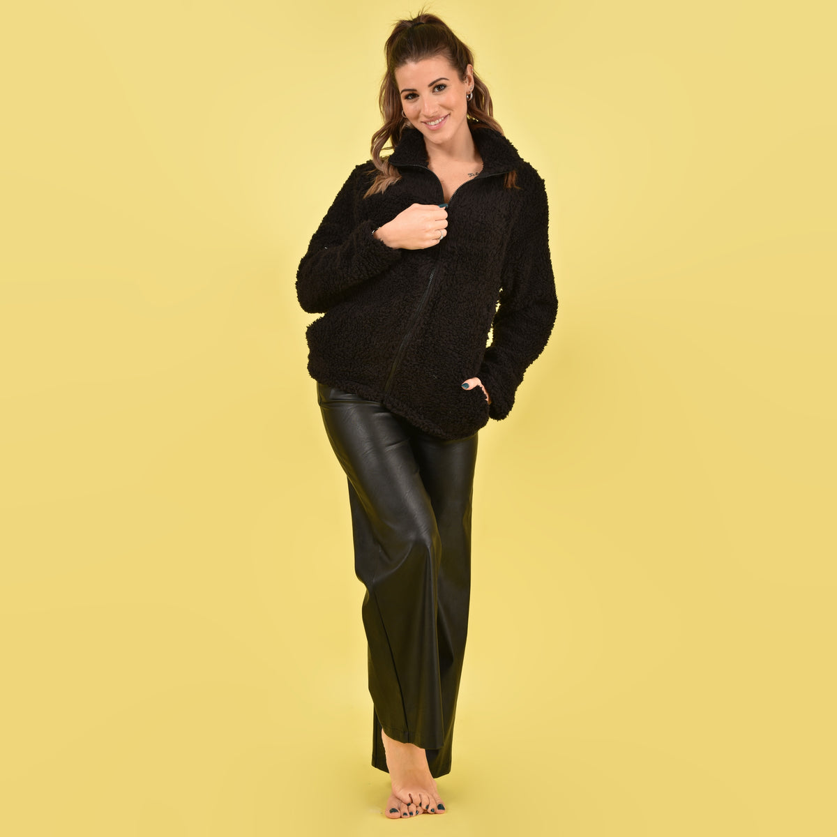 Giacca sherpa teddy caldissima con zip Biancaluna nero