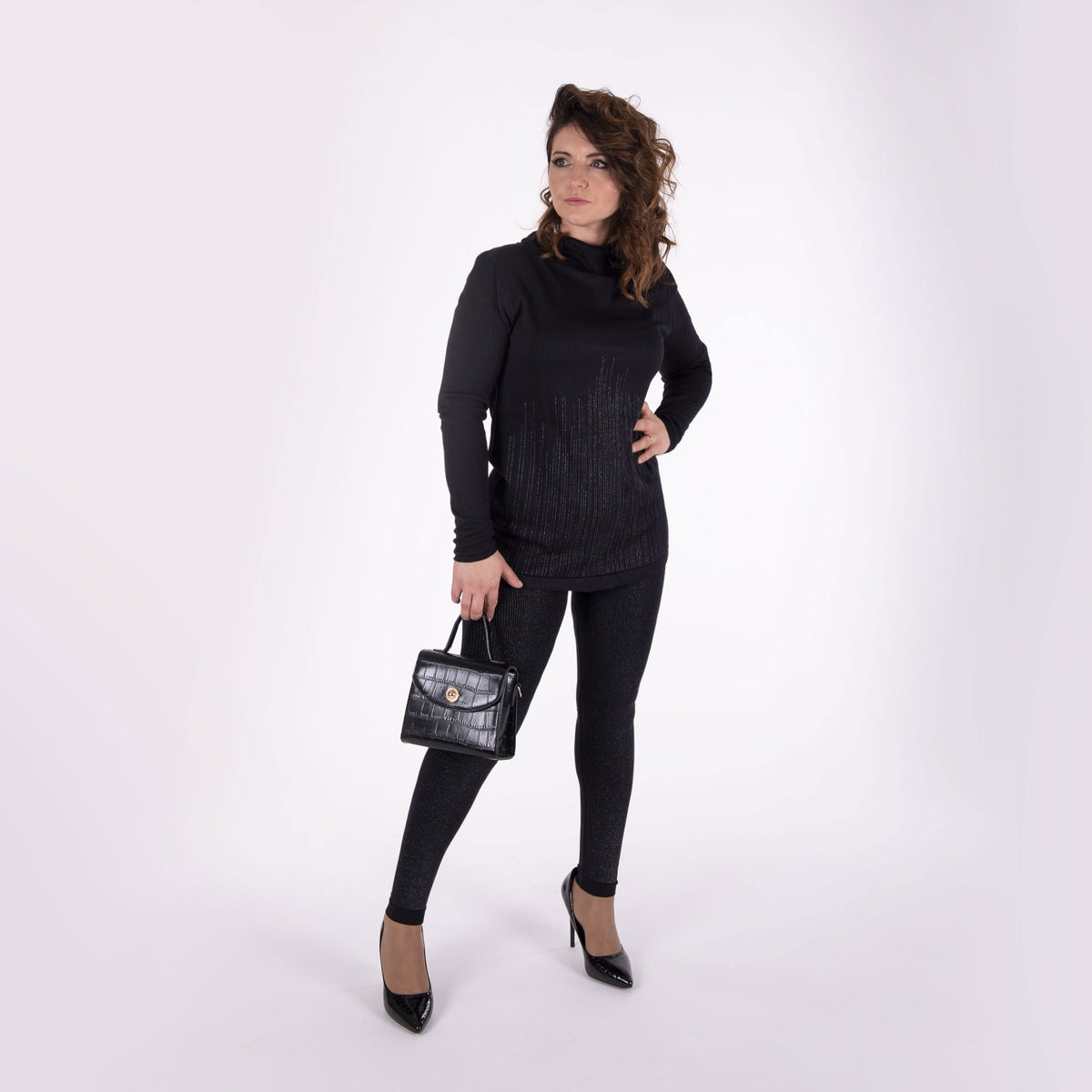 Maglia donna Sisi Immagine a microcostina con glitter nera