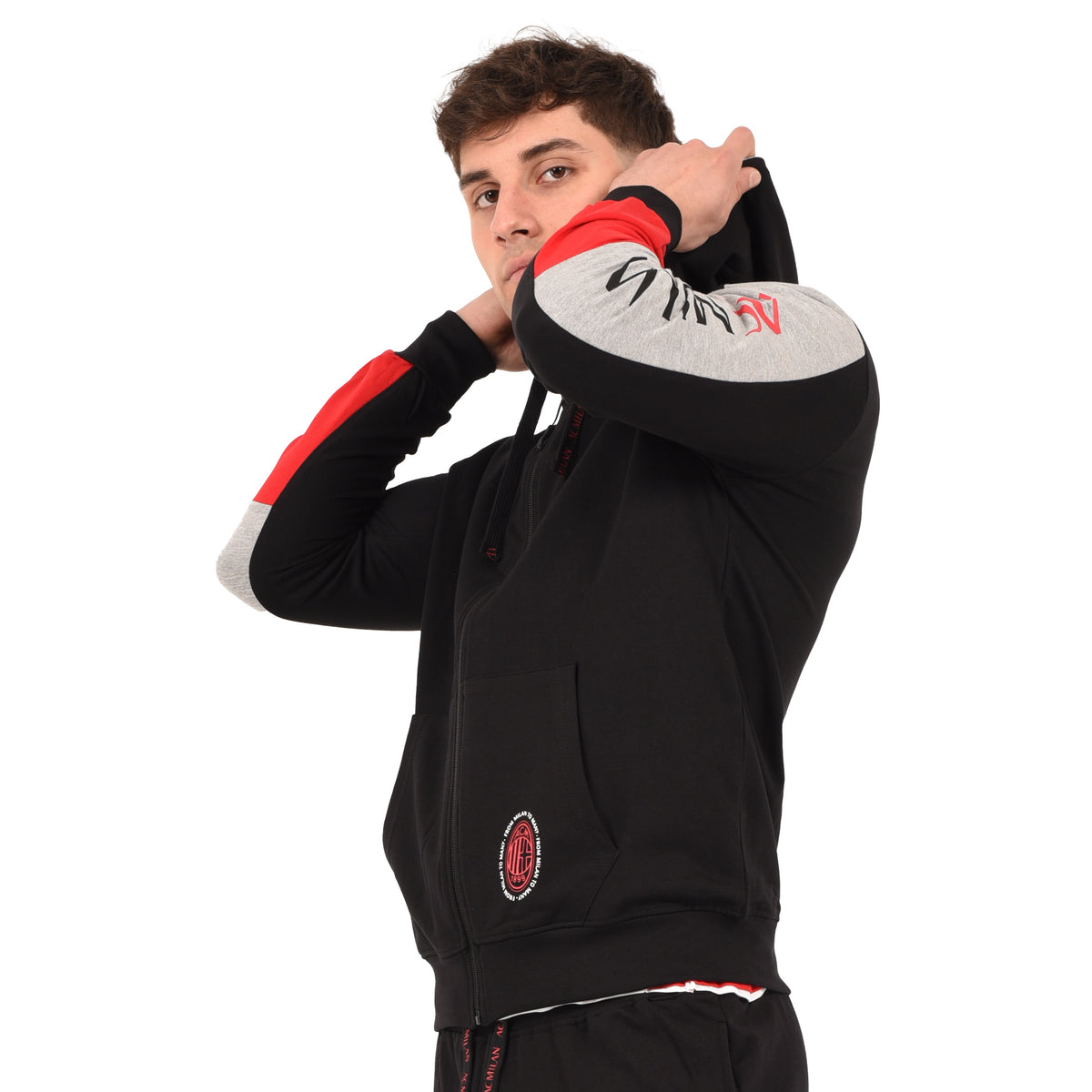 Felpa leggera con cappuccio Ufficiale AC MILAN cotone nero, grigio melange