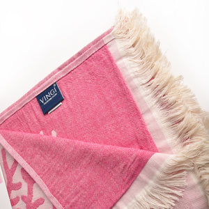Telo mare Vingi spugna "Portofino" double face rosa e magenta con frange 100% cotone