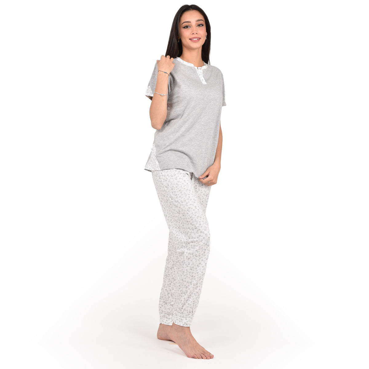 Pigiama donna estivo Cippi 4700 cotone grigio melange bianco