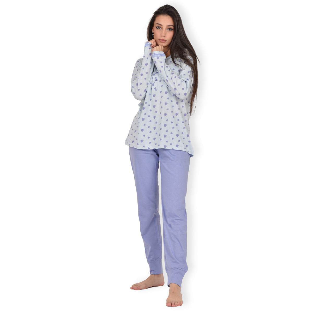 Pigiama donna cotone 100% Infiore 1283 cuori celeste lilla