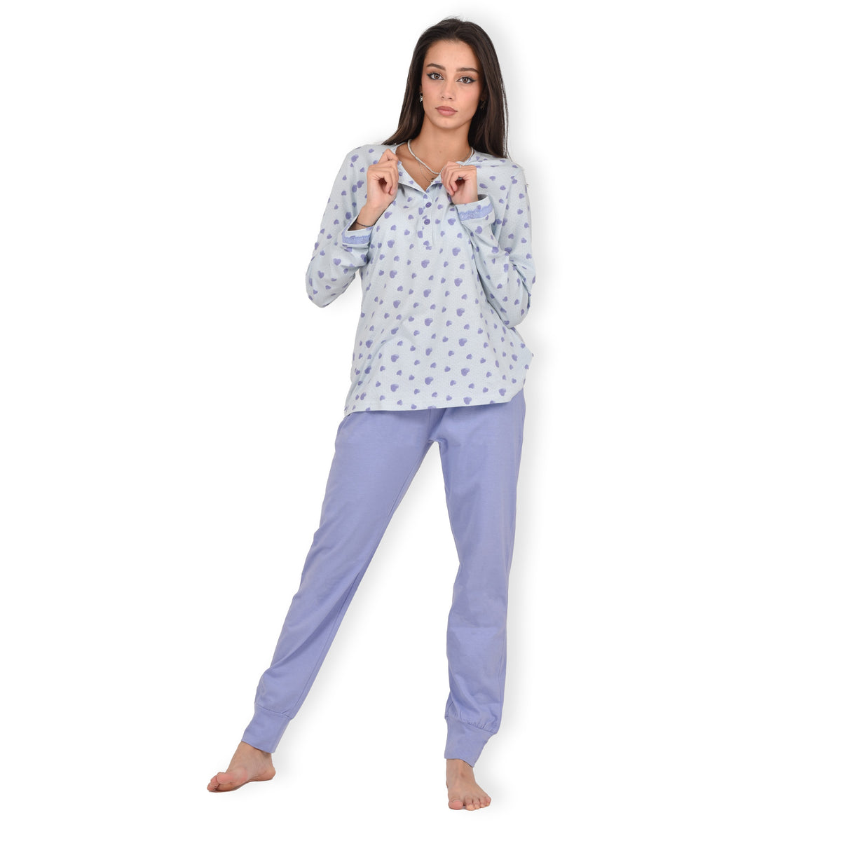 Pigiama donna cotone 100% Infiore 1283 cuori celeste lilla