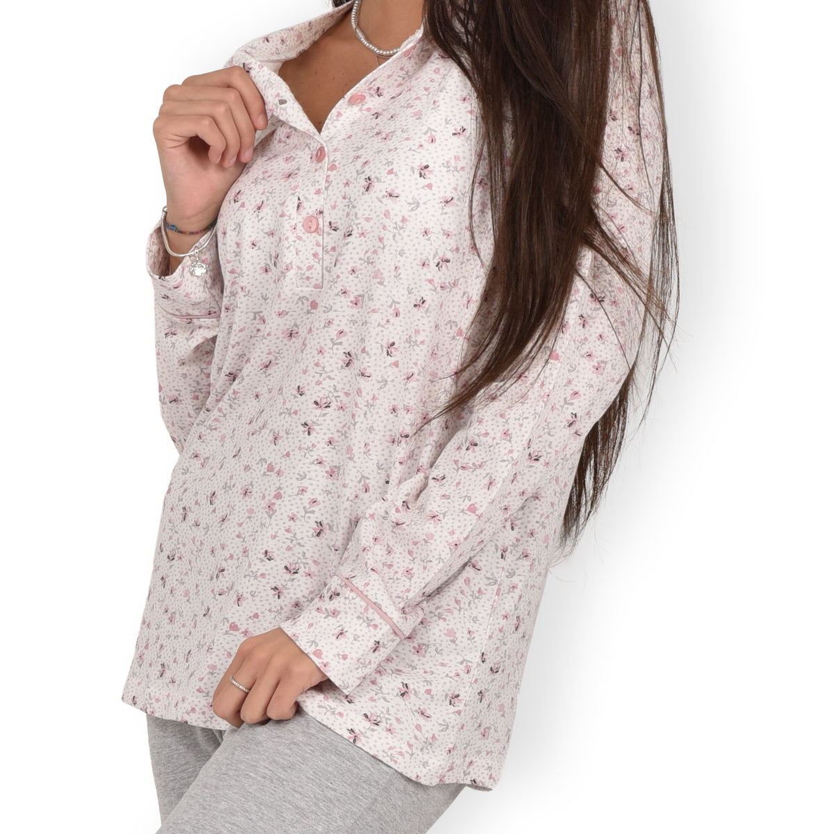Pigiama donna cotone Infiore 1269 pois fiori panna grigio melange