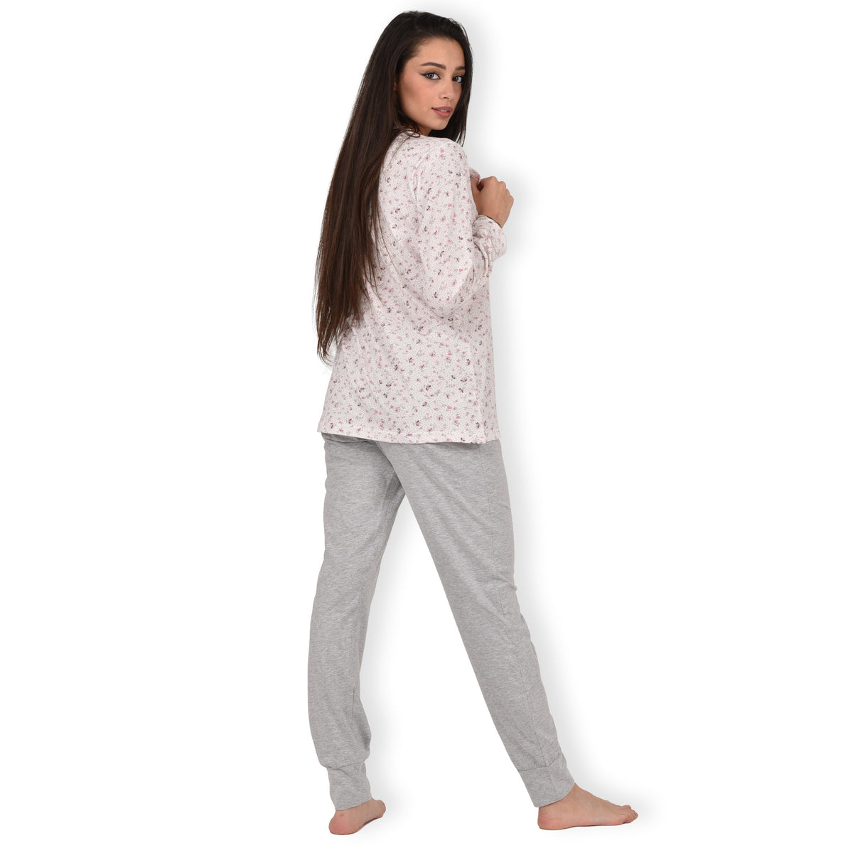 Pigiama donna cotone Infiore 1269 pois fiori panna grigio melange