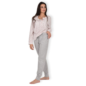 Pigiama donna cotone Infiore 1269 pois fiori panna grigio melange