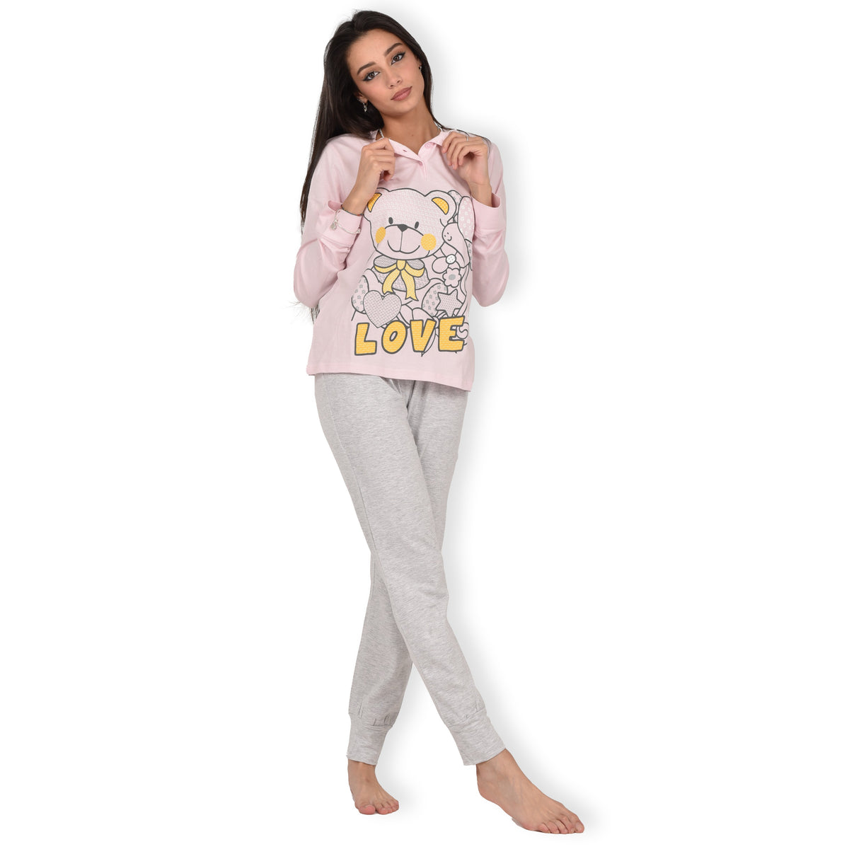 Pigiama donna cotone leggero Infiore 1212 orsacchiotto rosa grigio