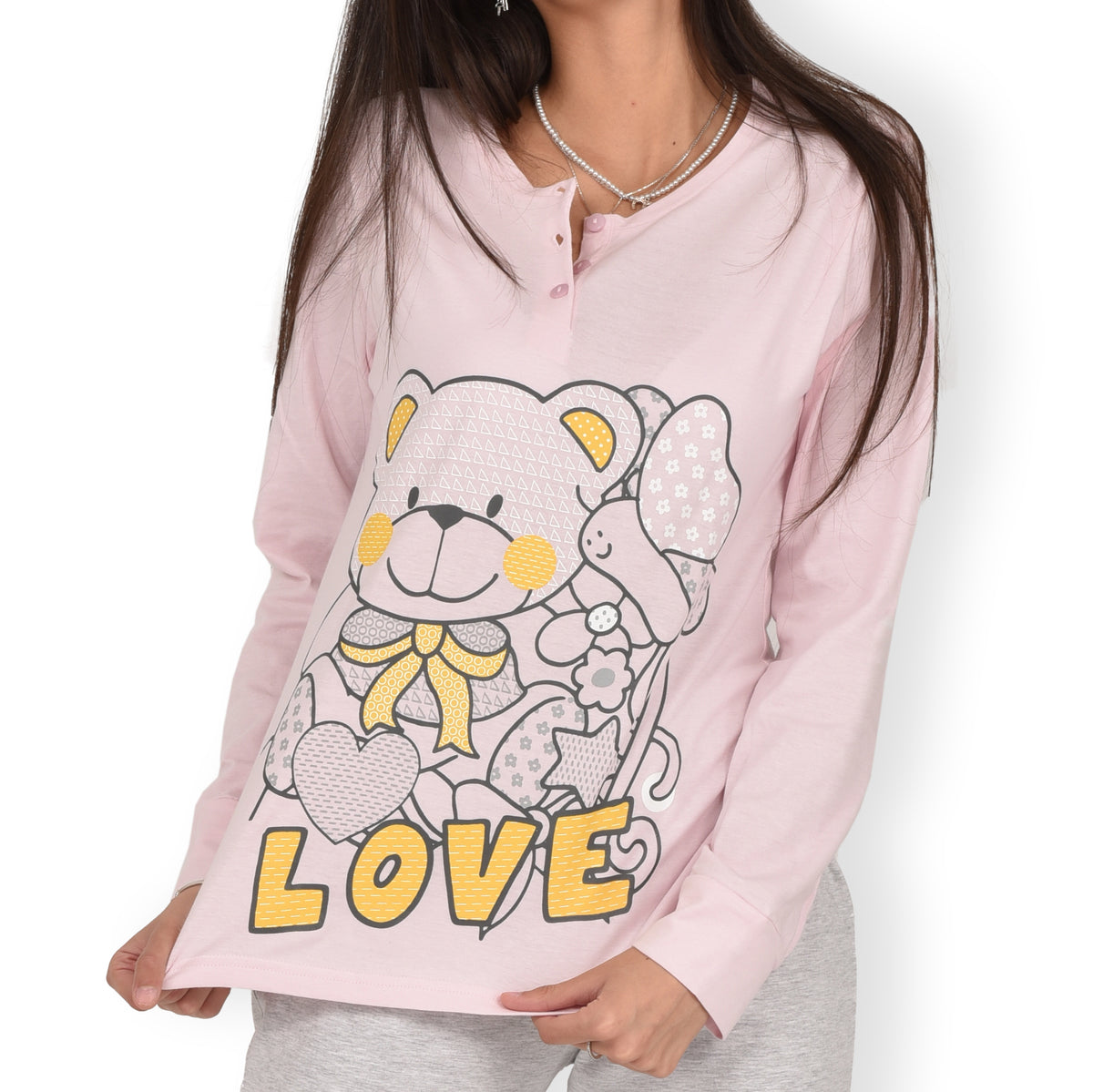 Pigiama donna cotone leggero Infiore 1212 orsacchiotto rosa grigio