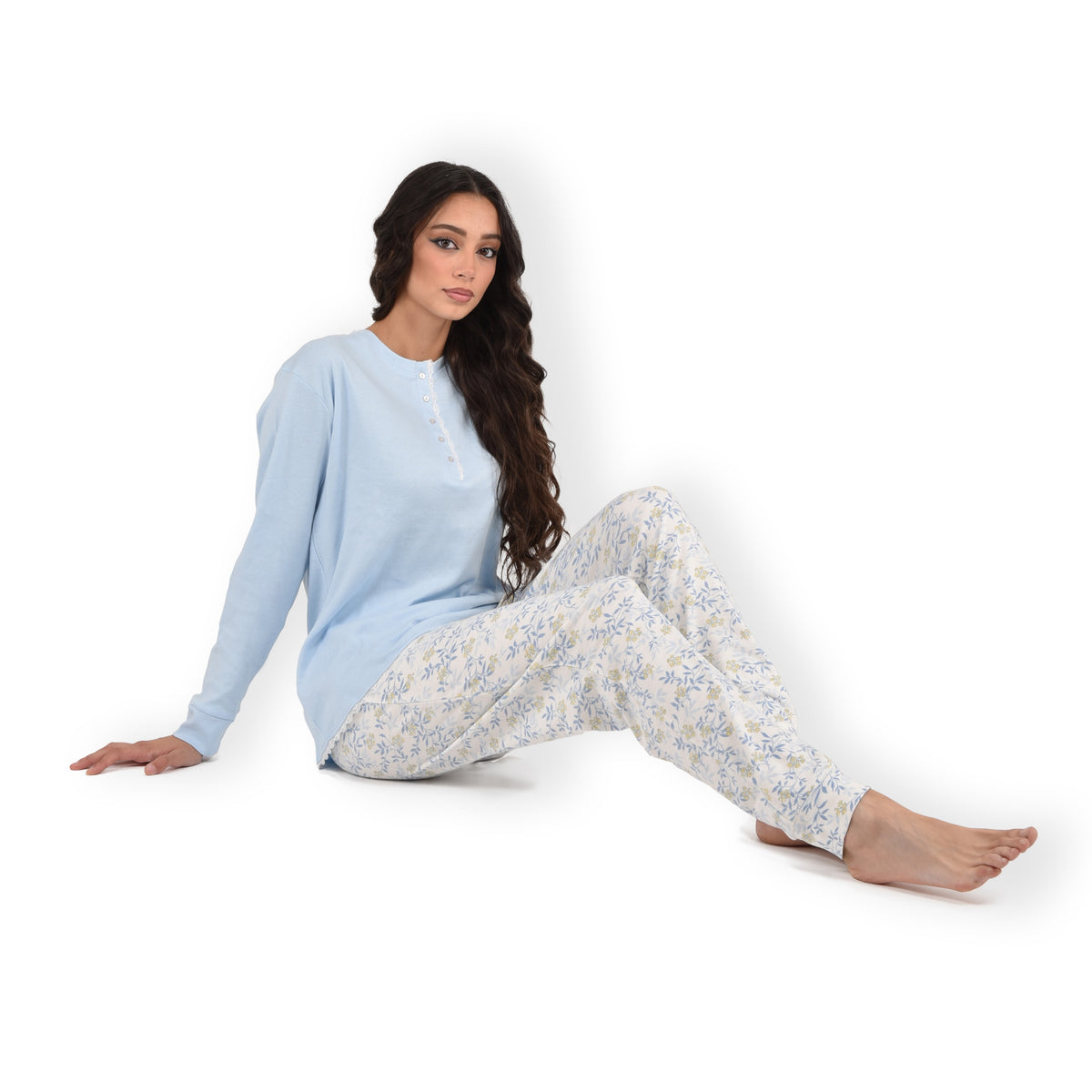 Pigiama donna Cippi 2220 caldo cotone fiori classico celeste