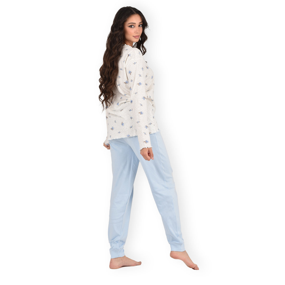 Pigiama donna Cippi 2268 caldo cotone fiori classico celeste