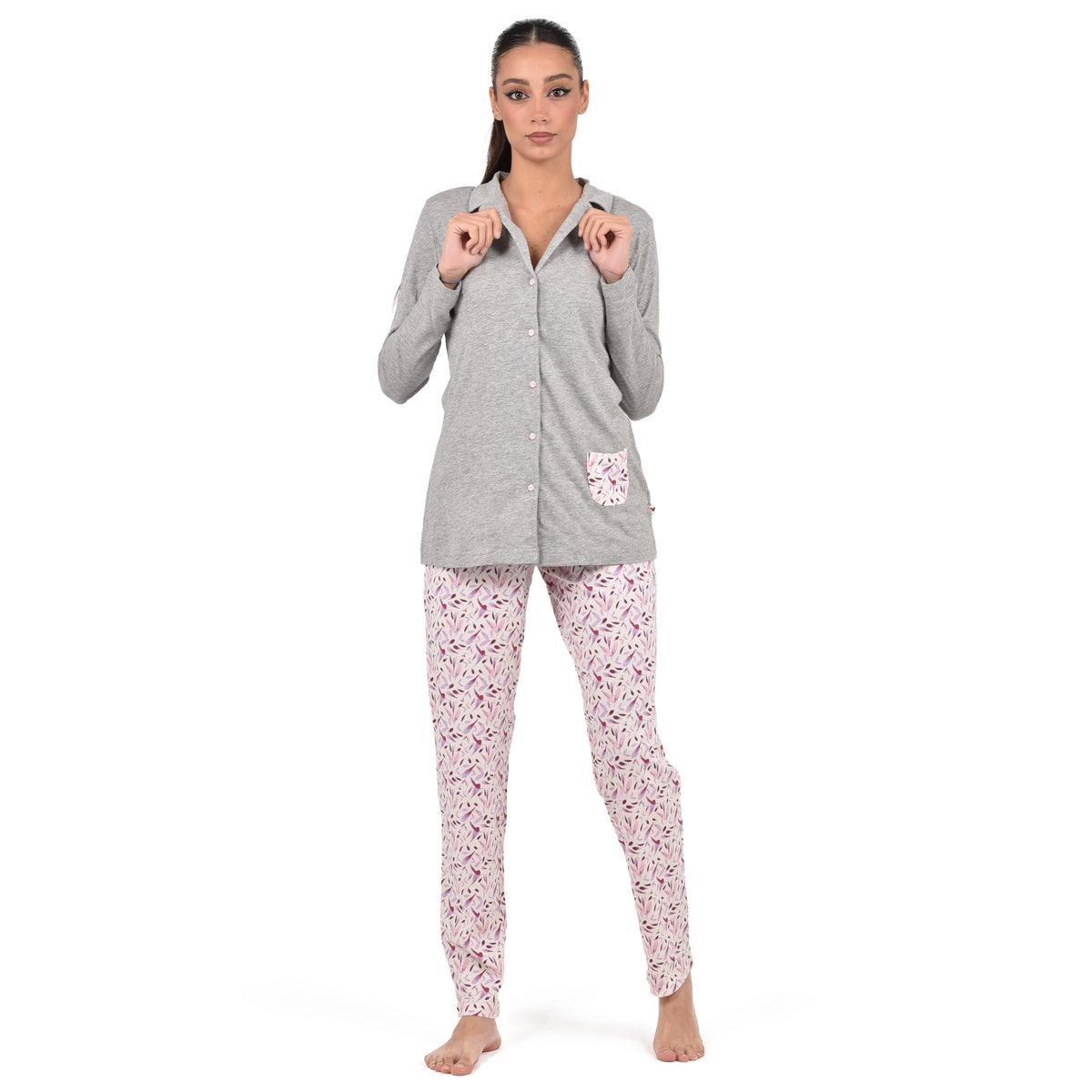 Pigiama donna Lovable L0CPS aperto cotone fiori grigio melange