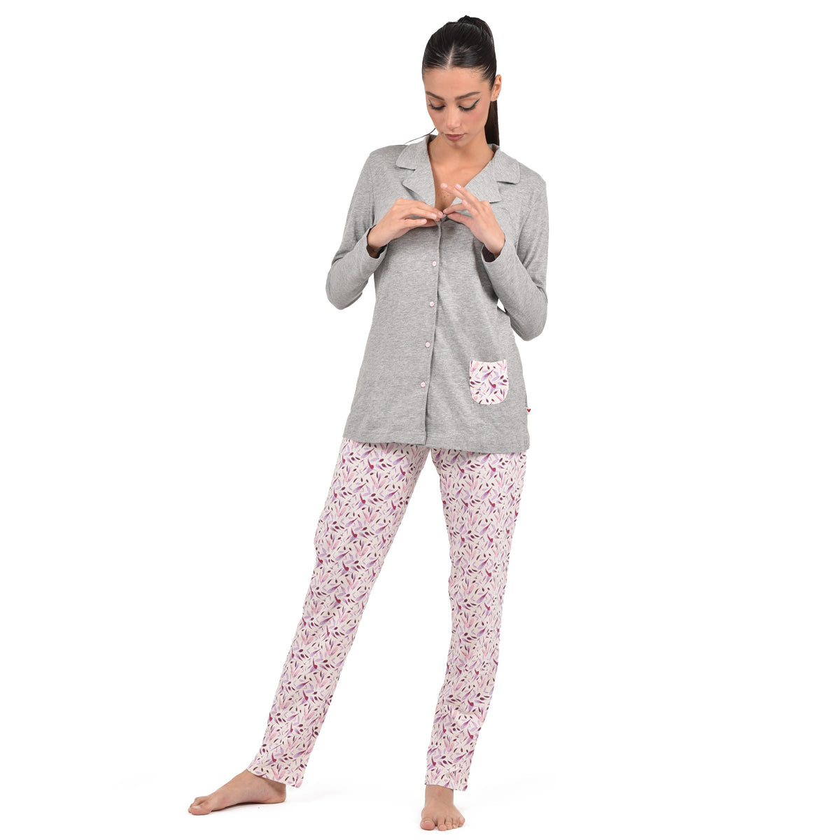 Pigiama donna Lovable L0CPS aperto cotone fiori grigio melange