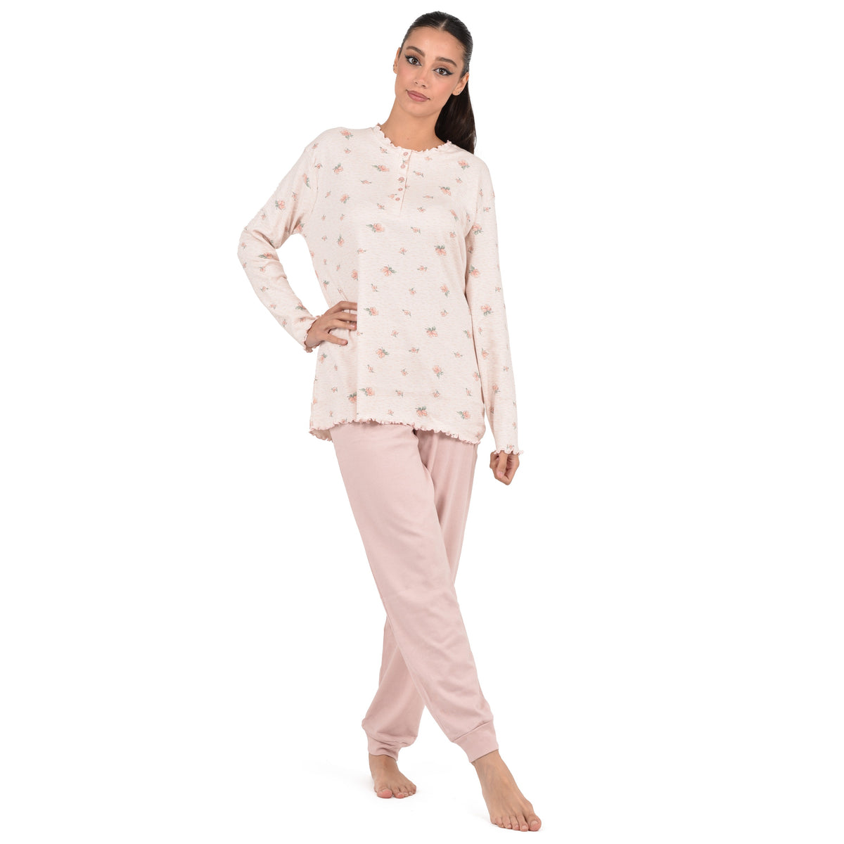 Pigiama donna Cippi 2268 caldo cotone fiori classico cipria