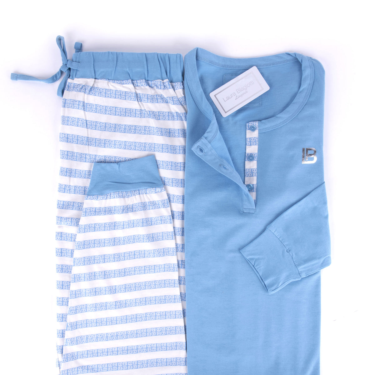 Pigiama donna Laura Biagiotti manica lunga cotone righe 96377 celeste
