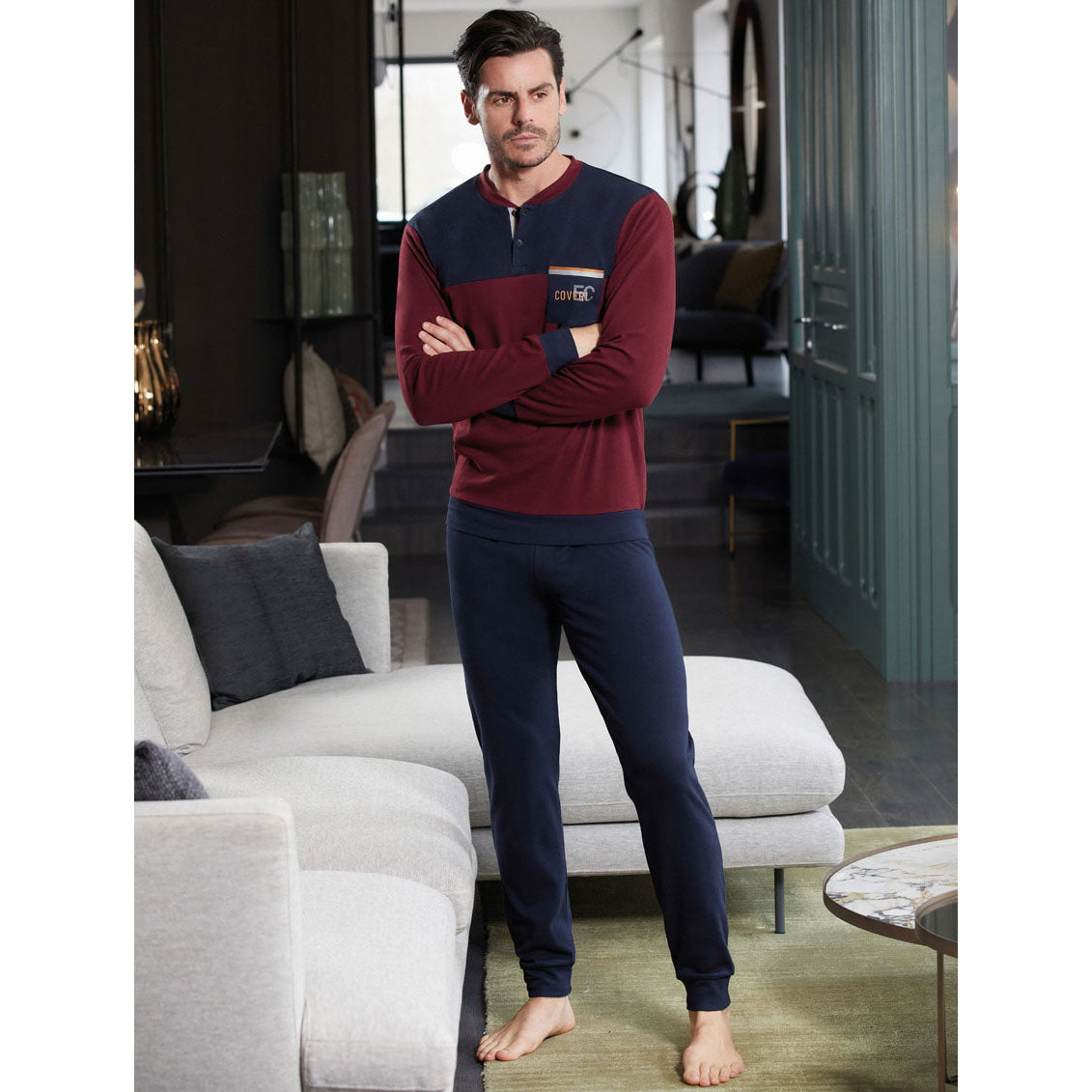 Pigiama uomo Enrico Coveri caldo cotone bordeaux blu 2054