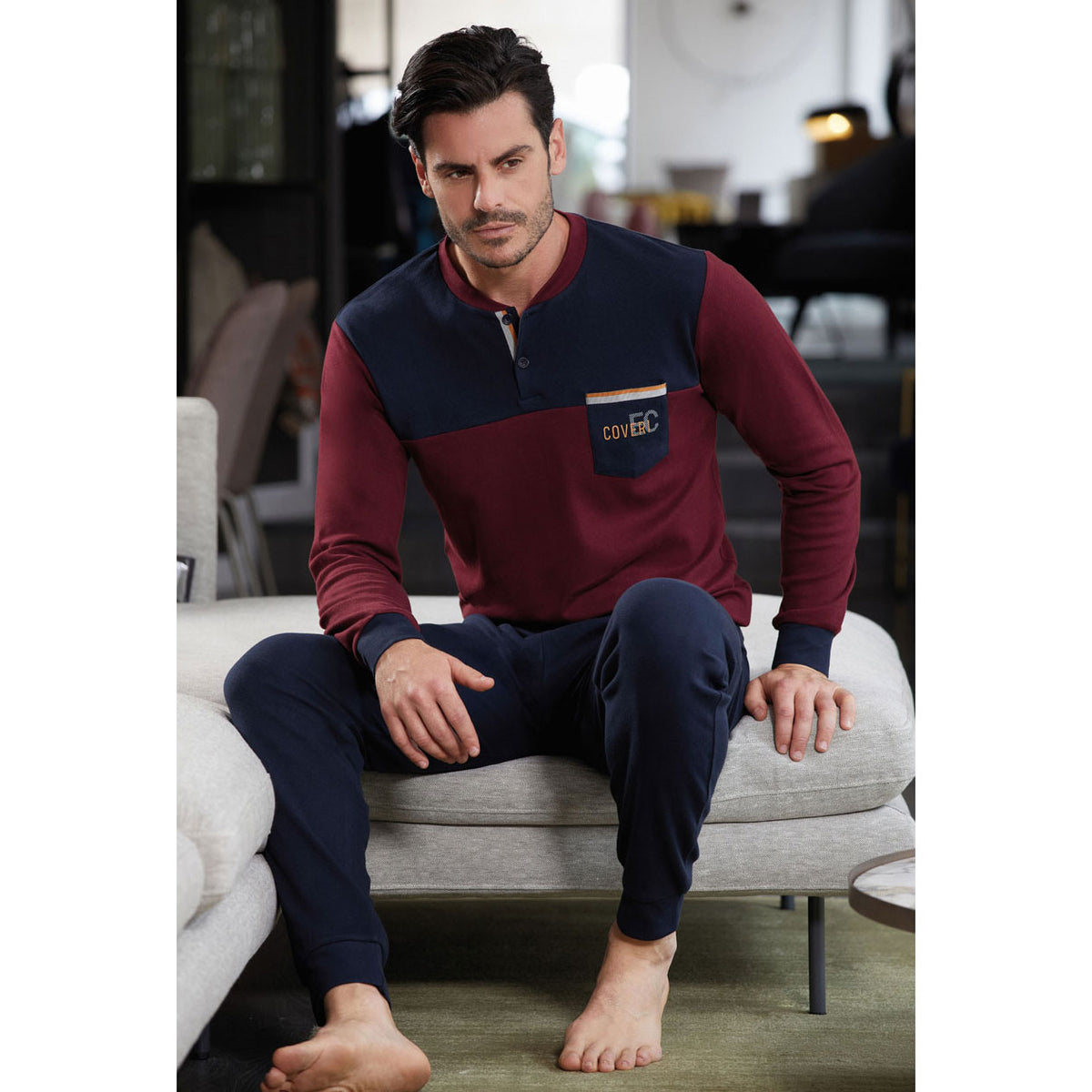 Pigiama uomo Enrico Coveri caldo cotone bordeaux blu 2054