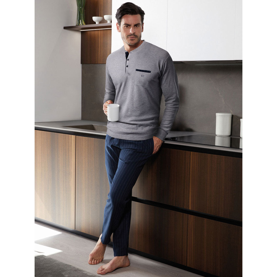 Pigiama uomo invernale Enrico Coveri EP2061 grigio caldo cotone gessato