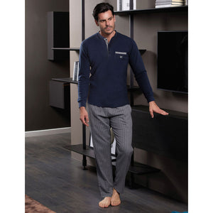 Pigiama uomo invernale Enrico Coveri EP2061 blu caldo cotone gessato
