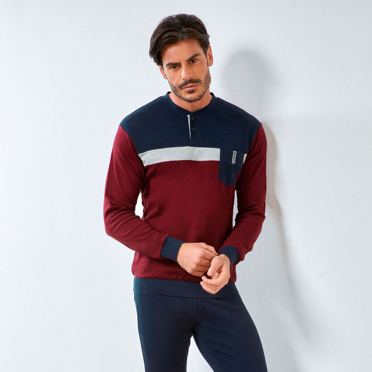 Pigiama uomo bordeaux blu caldo cotone Enrico Coveri taschino EP2091