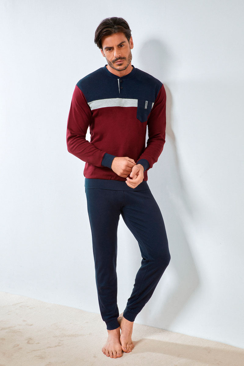 Pigiama uomo bordeaux blu caldo cotone Enrico Coveri taschino EP2091