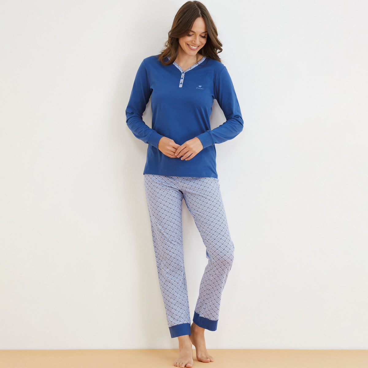 Pigiama donna Enrico Coveri ep5186 cotone 100% blu fantasia geometrica