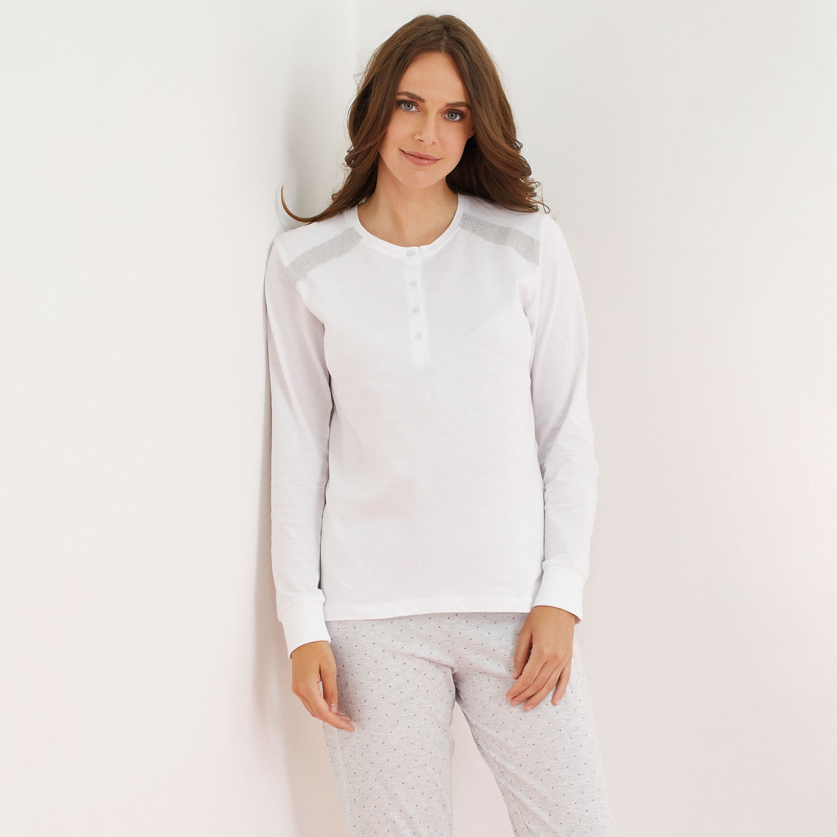 Pigiama donna Enrico Coveri ep5198 cotone bianco grigio con pois