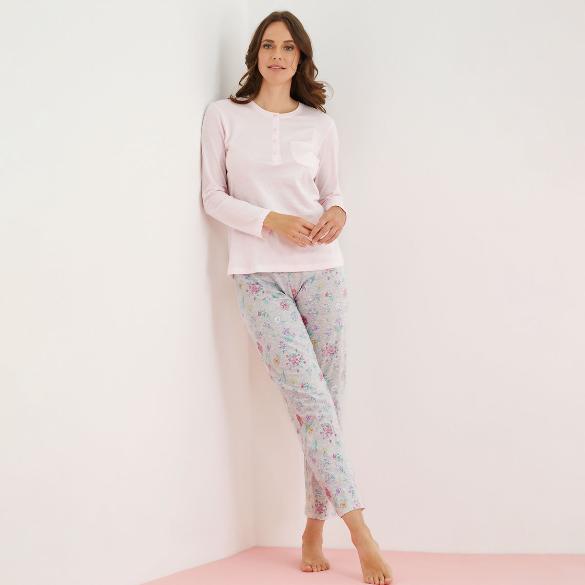 Pigiama donna Enrico Coveri ep5205 cotone grigio melange rosa