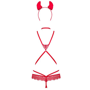 Sexy cotume diavoletto Obsessive Evilia Teddy cavallo aperto rosso 4 pz