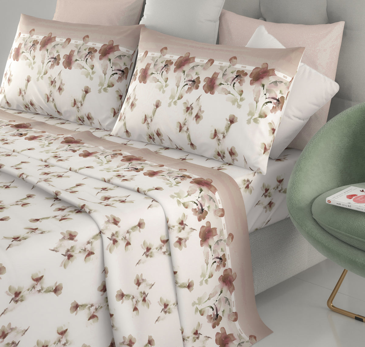 Completo letto 100% cotone Irge Ginevra fantasia Fiordaliso beige