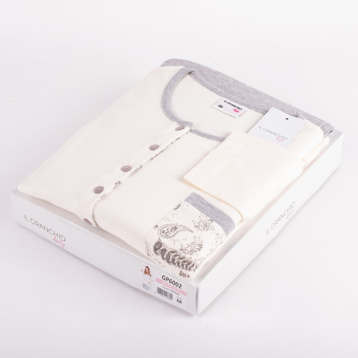 Pigiama donna caldo cotone con taschino Il Granchio GP6002 panna